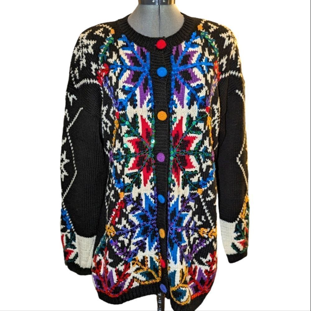 Vintage 90s Debra lubell black knit sweater with sequin snowflakes